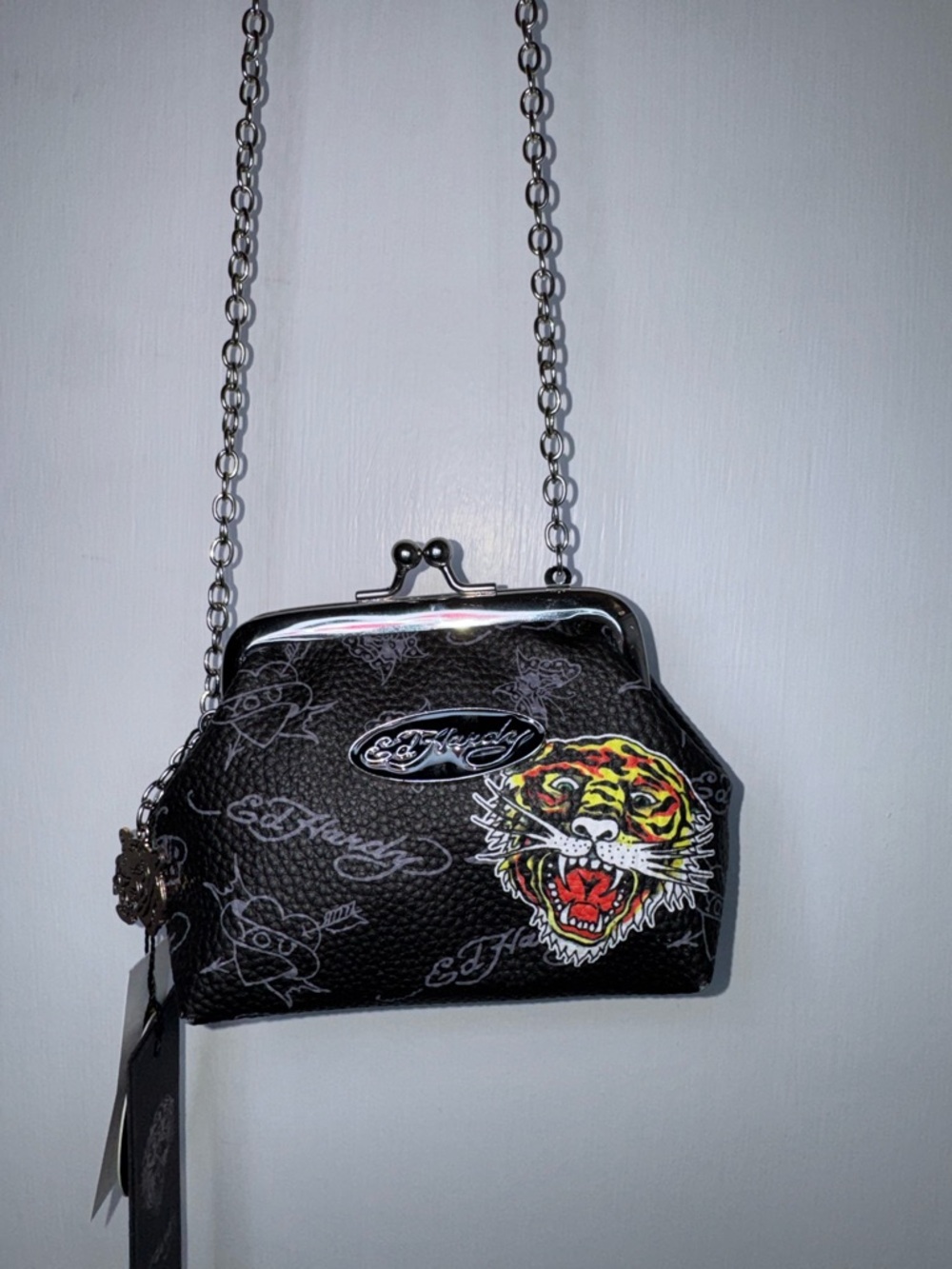 NWT Ed Hardy Black Crossbody with Colorful Tiger Patch and Silver Chain